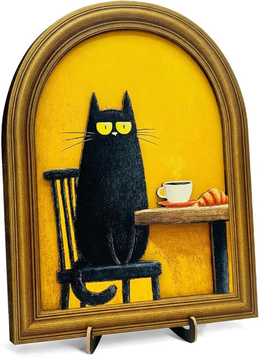 3D Funny Black Cat Coffee Wall Art Sign, Cute Cat with Coffee and Croissant Decor Sign for Kitchen Dining Room Cafe Table Wall Desk Decor 8x10 Inch