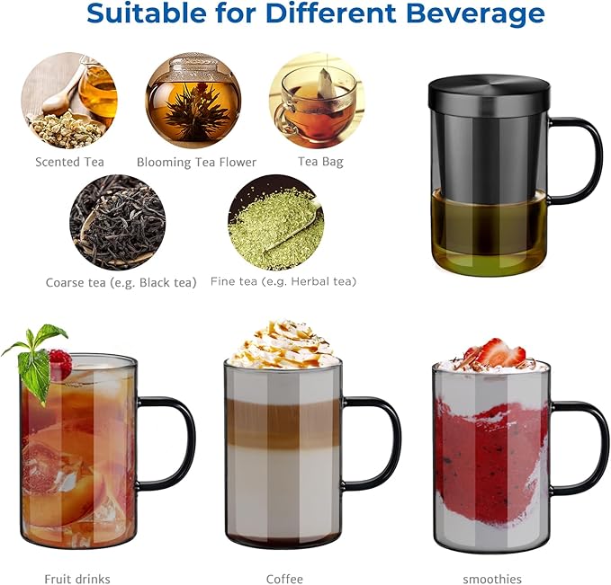 ecooe 16.9oz Glass Tea Cup with Infuser and Lid Clear Glass Tea Cup with Removable Stainless Steel Infuser & Lid, 500ml Teacup for Loose Leaf Tea, Tea Maker Gift for Birthday (Black Glass)
