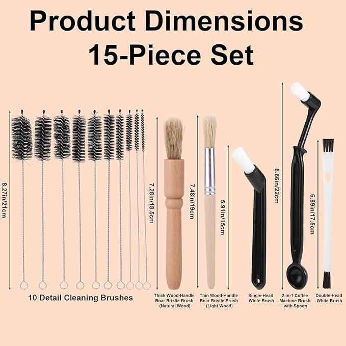 15pcs Coffee Machine Cleaning Brush Kit, Espresso Machine Cleaning Tools Set with 10 Size Detail Clean Brushes Accessories for Water Bottles Glasswares Mugs Coffee Pots Cups