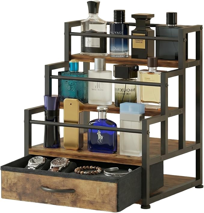 3-Tier Cologne Stand with Fabric Drawer, Cologne Organizer for Men, Spacious Wine Rack,Coffee Syrup Stand for Kitchen, Bathroom & Bar Counter Décor by VonDream