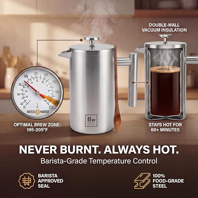 Barista Warrior French Press Coffee Maker Stainless Steel with Built-In Thermometer - Insulated Double Wall Design, Dual Filter System, Stay-Cool Handle & Wood Spoon - Silver