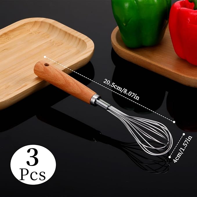 3 PCS Whisks for Cooking Stainless, Whisk Wooden Handle Stainless Steel, Non Stick Balloon Whisk Kitchen Hand Whisk for Stirring, Whisking, Beating, Egg, Blending, Batter (8.07"L X 1.57"W)