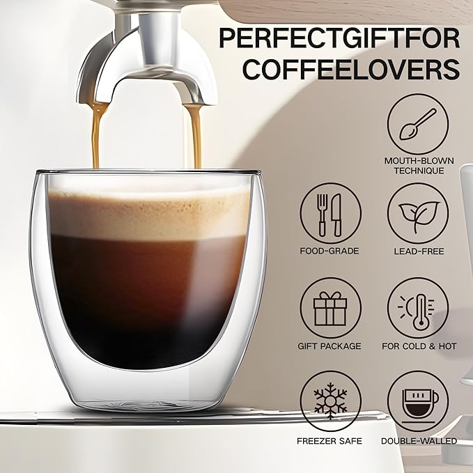 Set of 4 Double Walled Glass Coffee Mugs 3 Ounces Insulated Layer Coffee Cups Borosilicate Glass Espresso Cup for Hot Beverage,Cappuccino,Tea,Latte,Wine,Microwave Safe