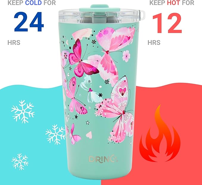 Drinco - 20 oz Stainless Steel Tumbler | Double Walled Vacuum Insulated Mug With Lid, 2 Straws, For Hot & Cold Drinks (20oz Butterfly)