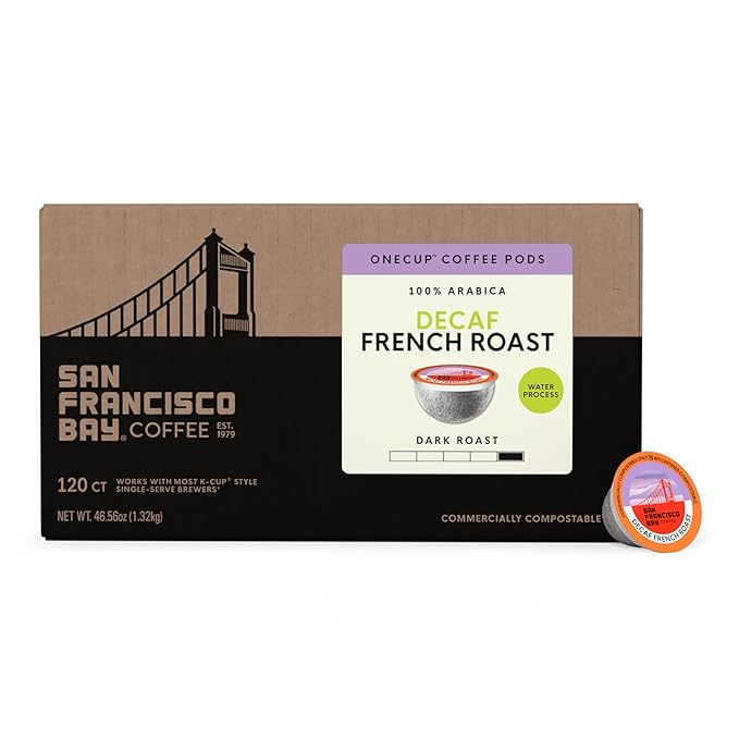San Francisco Bay Compostable Coffee Pods - DECAF French Roast (120 Ct) K Cup Compatible including Keurig 2.0, Dark Roast, Swiss Water Processed