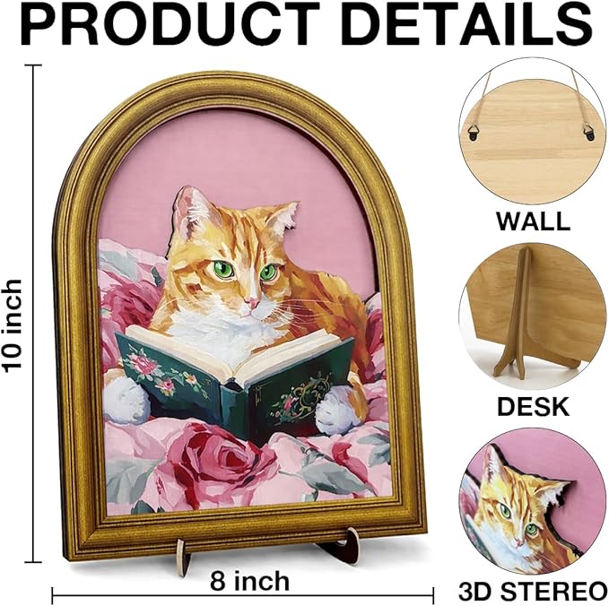 3D Pink Cute Cat Reading Table Decor Sign, Vintage Cat with Book Wall Art Sign for Home Bedroom Reading Room Desk Wall Shelf Decor 8x10 Inch