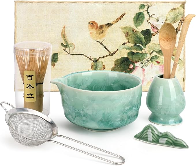 Matcha Whisk Set, Ceramics Macha Kit Includes Bowl with Spout, Matcha Whisk and Holder, Bamboo Scoop, Scoop Rest, Sifter and Tea Towel - 7 Pcs Tea Powder Shaker Kit