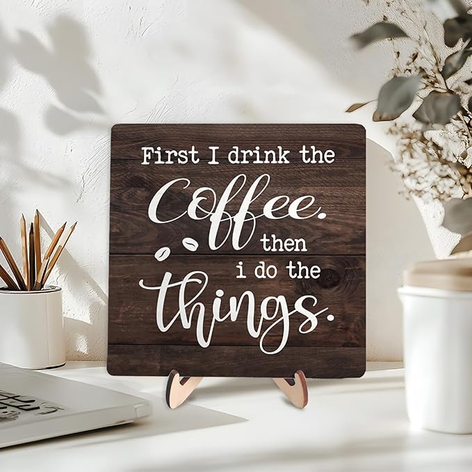 Vintage Coffee Bar Sign Plaque,Rustic Wooden Tabletop Plaque with Stand, Minimalist Farmhouse Kitchen Counter Sign for Coffee Station, Cute Mini Café Bar Decor Gift 5.9x5.9Inch
