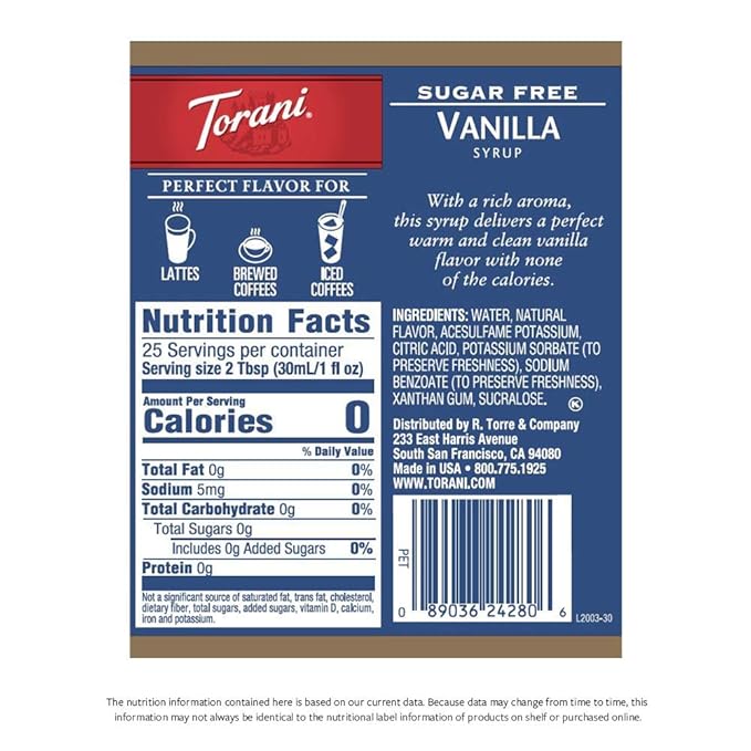 Torani Sugar Free Vanilla Flavored Drink Syrup with Pump, 25.4 fl oz (Pack of 4)