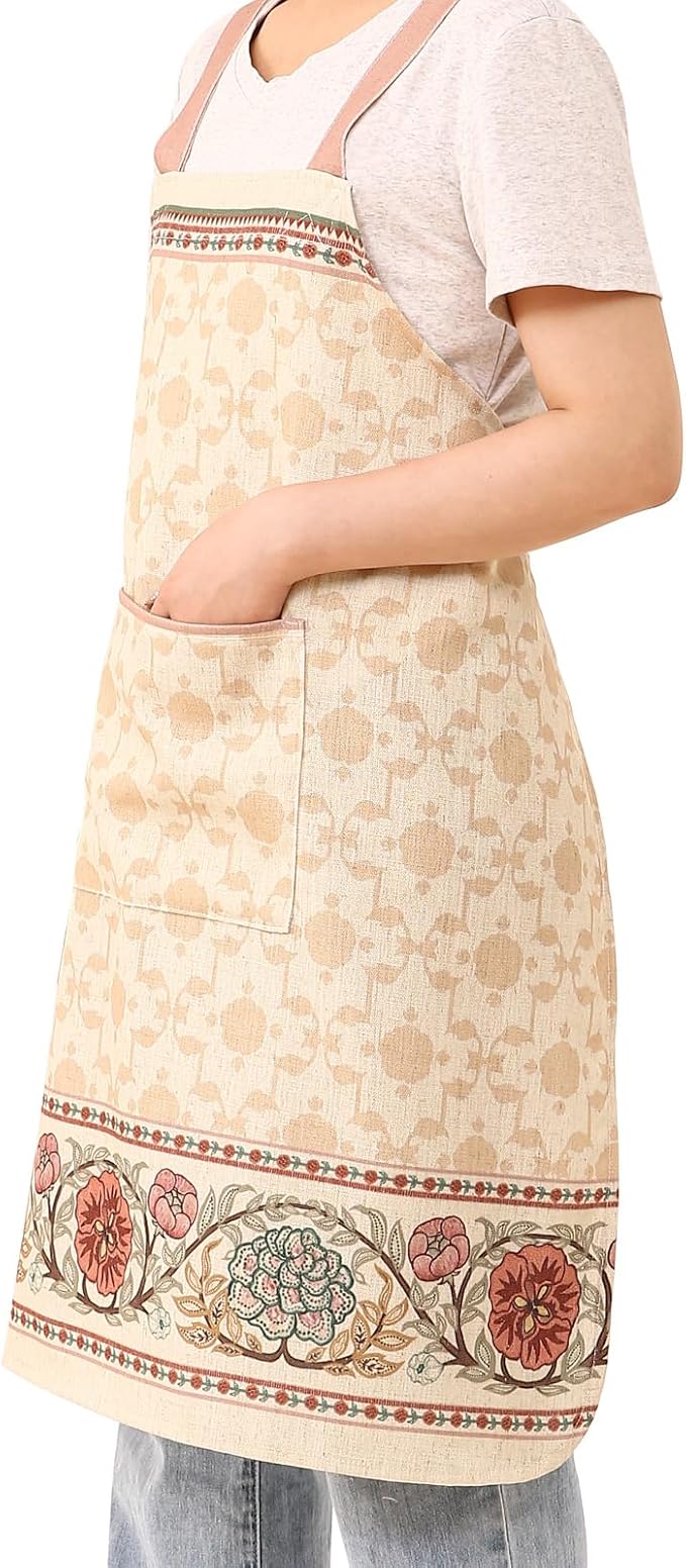 patdrea Blue Floral Linen Apron with Pocket,French Kitchen Garden Chef BBQ Aprons for Women and Men,Crisscross Back Straps - Image 3