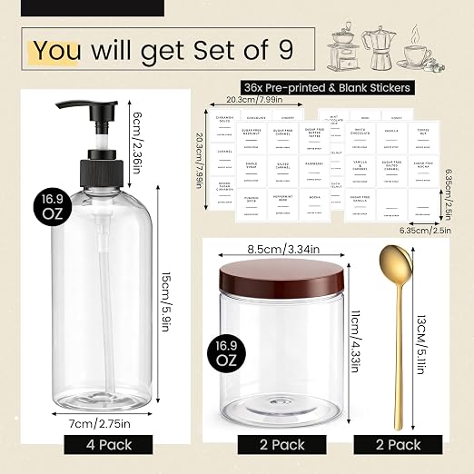 9 Pcs Coffee Syrup Dispenser Set 16.9 Oz/500 ml Plastic Coffee Syrup Dispenser Pump Bottle Pet Jar with Lids Gold Spoon and Labels for Home Bar Organization - Image 2