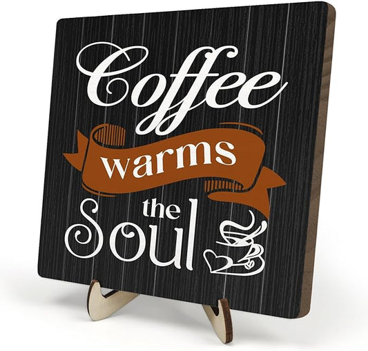 Coffee Bar Sign Plaque Decor,Coffee Bar Accessories,Rustic Wooden Tabletop Plaque with Stand, Minimalist Farmhouse Kitchen Counter Sign,Cute Mini Café Bar Decor Gift 5.9x5.9Inch