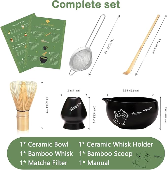 Matcha Whisk Set Black, Traditional Matcha Tool Set Kit Cat Design Ceramic Chawan Bowl and Bamboo Whisk Gift for Women Friend Tea Lover