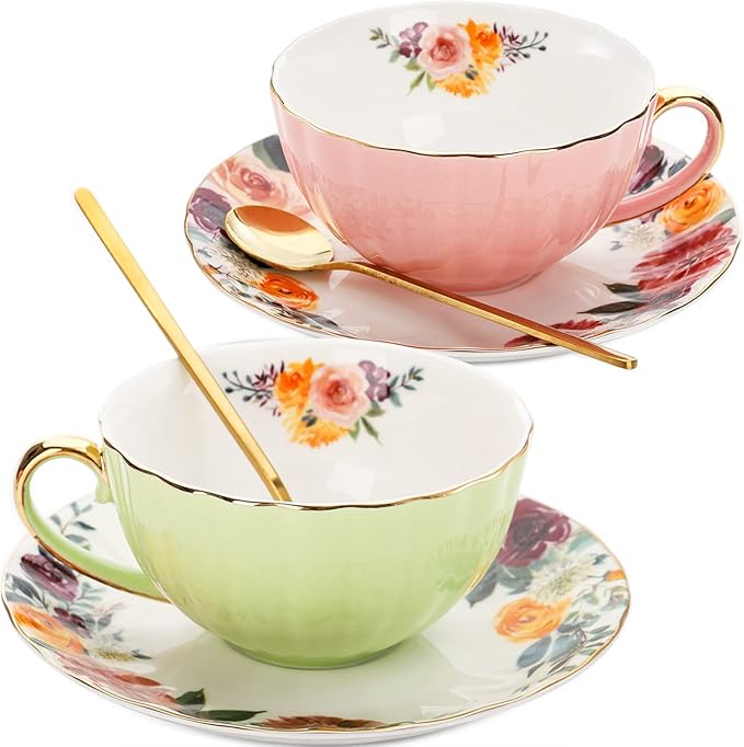 Lyellfe Set of 2 Tea Cup and Saucers, 8 Oz Floral Tea Cups with Gold Trim and Spoon, Porcelain British Coffee Cups for Party Christmas Birthday Wedding Gifts