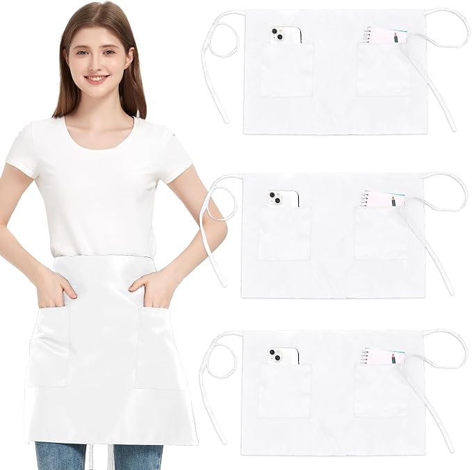 3 Pack Waist Apron with 3 Pockets, Unisex Black Waiter Aprons, Water Resistant Server Aprons for Restaurant Chef Bar by FunChaos