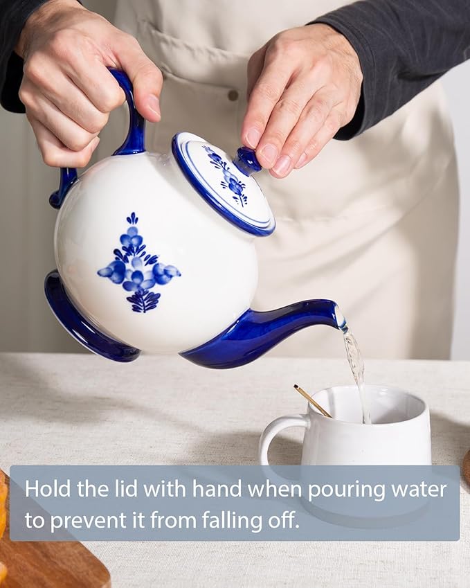45 Ounce Tea Pot with Infuser, Ceramic Blue and White Teapot, Flowers