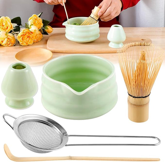 Matcha Whisk Set, 5 Pcs Matcha Set Whisk and Bowl with Spout, Matcha Whisk Holder, Matcha Spoon, Stainless Sifter, Perfect Matcha Kit for Matcha Lover (Green)