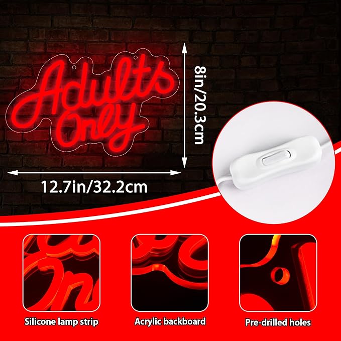 Adults Only Neon Sign for Wall Decor Red Text Light Up Sign Business Signs Neon Signs for Man Cave Garage Decor for Bar Pub Party Live Bedroom Hotel USB Powered LED Wall Art Size 12.8*8.1in（GLND350）