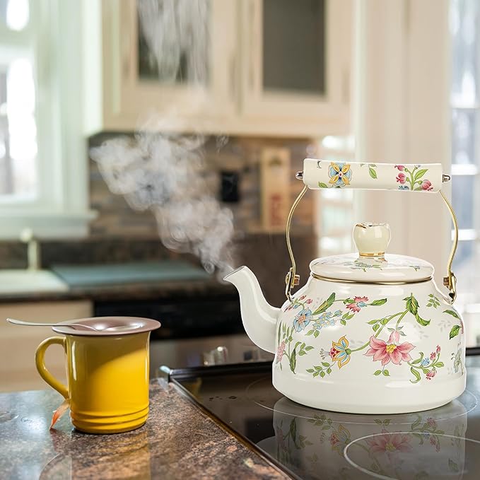 Jucoan 2.6 Quart Vintage Enamel Tea Kettle, Green Floral Stovetop Water Kettle Teapot with Porcelain Handle for Home Kitchen Camping Tea Party, Gift for Bridal Shower Wedding Housewarming