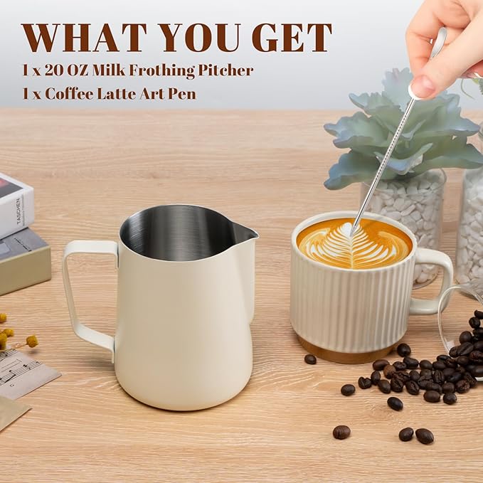 Milk Frothing Pitcher, 20oz Milk Frother Cup with Clear Scale, 304 Stainless Steel Cappuccino Espresso Machine Accessories for Barista Coffee Bar with Latte Art Pen, White
