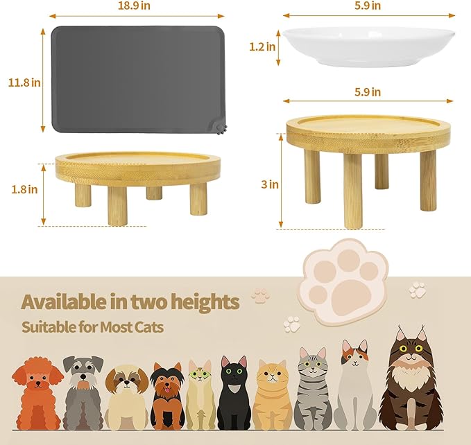 Upgraded Elevated Cat Bowls with Food Mat, Raised Ceramic Cat Dishes with Bamboo Stand, Shallow Wide Pet Feeding Bowls Whisker-Friendly for Food and Water, (Ceramic,Set of 2)