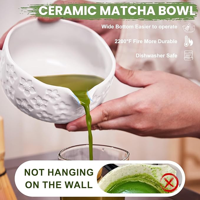 Matcha Whisk Set, Sakura White Ceramic Matcha Set Includes Matcha Bowl, Matcha Whisk (Chasen) and Holder, Sifter, Bamboo Scoop & Spoon - 6 Pcs Matcha Kit for Matcha Lovers