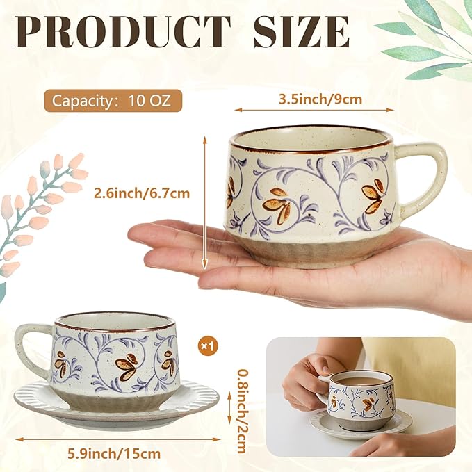 LemonRoad 1 Set Vintage Tea Cup and Saucer Set Floral Tea Cup with Saucer 10oz Porcelain Vintage Coffee Mugs for Spring Party Birthday Gift Coffee (Tang Grass Design)