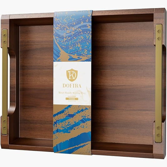Acacia Wood Serving Tray with Metal Handles, 17x13in Large Ottoman Tray, Food Drinks Tray for Coffee Table, Breakfast, Dinner & Bar, Rustic Decorative Tray for Kitchen, Bedroom Gift Box