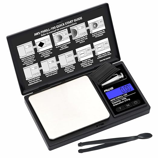 AWS-Thrill Digital Pocket Scale 100g x 0.01g – Portable Mini Gram Scale with Calibration Weight, Tweezers/Spoon, Tube & Silicone Bowl for Jewellery, Powder, Coins (100g x 0.01g)