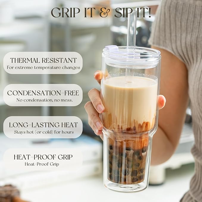 KEMORELA 28 oz Double Wall Glass Tumblers Set of 2, Extra-Wide 13mm Reusable Glass Drinking Straws, Boba Tumbler, Wide-Mouth Water Cups for Iced Coffee, Smoothies, Boba & Tea Lovers (Clear)