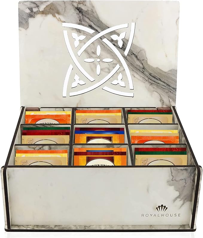 RoyalHouse Premium Wood (Hard MDF) Tea Storage Box Organizer (Marble), Eco-Friendly Multi-Functional Decorative Box, 9 Compartments For Assorted Variety Of Tea Bags and Small Items