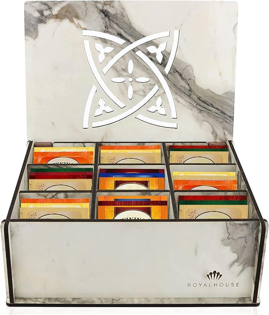 RoyalHouse Premium Wood (Hard MDF) Tea Storage Box Organizer (Marble), Eco-Friendly Multi-Functional Decorative Box, 9 Compartments For Assorted Variety Of Tea Bags and Small Items