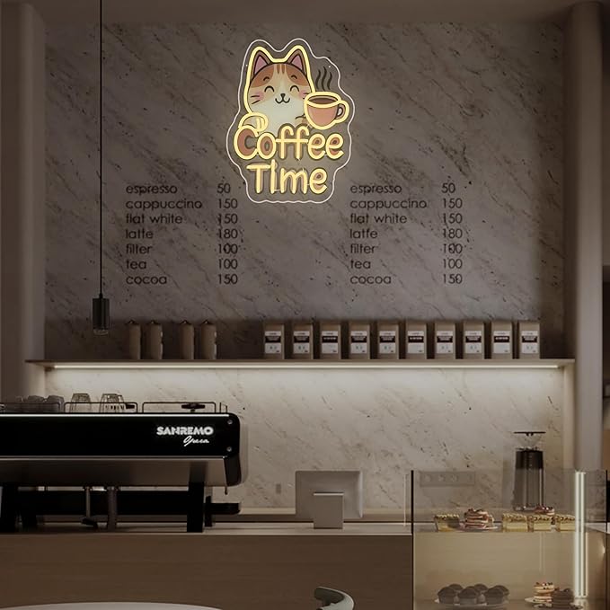 Coffee Neon Sign - "Coffee Time" Cute LED Light for Kitchen, Dining Room, Office - Fun and Cute Decoration for Your Place 13.9" X14.2"