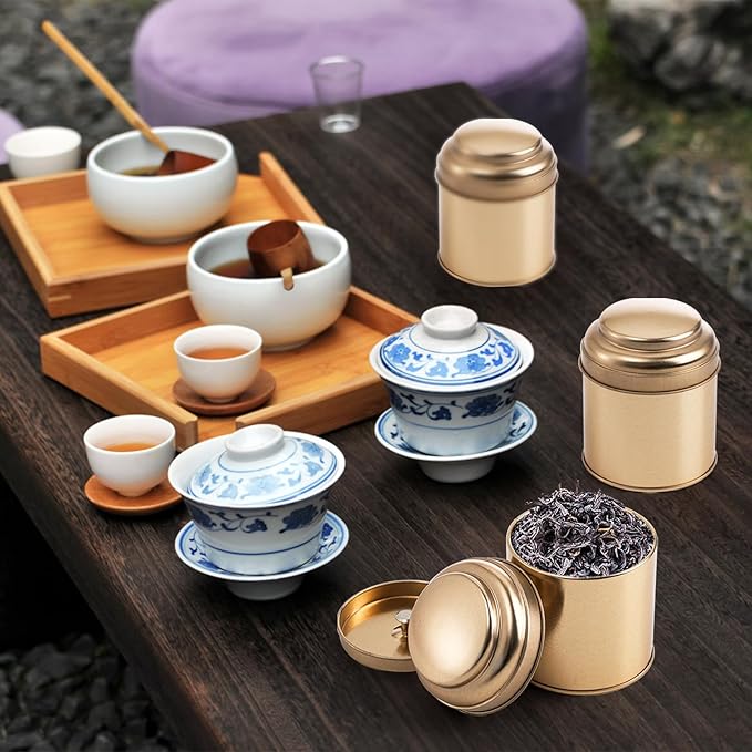 Lawei 9 Pack Tea Tins Canister with Airtight Double Lids, Mini Tea Storage Containers Round Tin Can Box for Storage Tea Coffee Sugar Loose Leaf, 8 Fluid Oz, Rose Gold