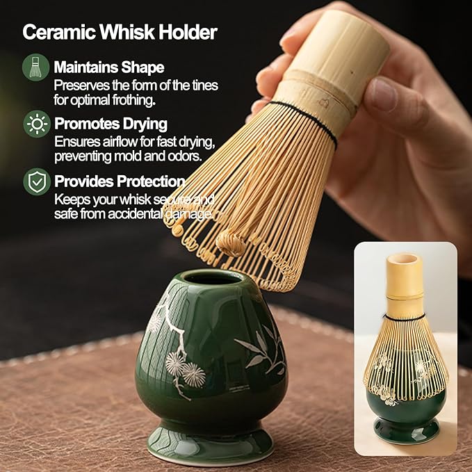 Matcha Whisk Set, Ceramic Matcha Kit Set Includes Matcha Bowl, Matcha Whisk and Holder, Bamboo Scoop and Spoon, Scoop Rest, Sifter and Tea Towel - 8 Pcs Matcha Kit for Matcha Lovers, Green