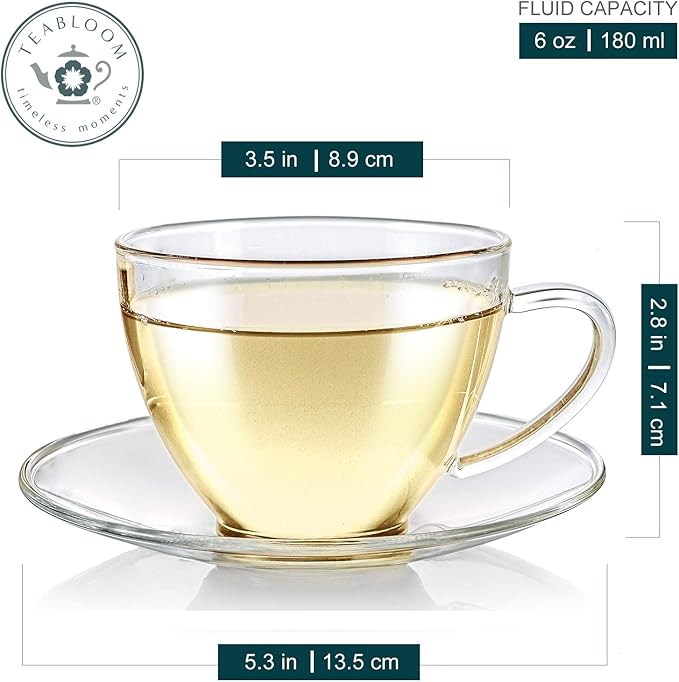 Teabloom Royal Teacup and Saucer Set 2-Pack – Standard Teacup Size – 6 OZ/ 180 ML Capacity – Crystal Clear Classic Design – Premium Borosilicate Glass – Durable and Heat Resistant