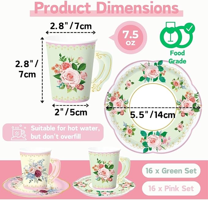 32 Set Floral Paper Tea Cups (7 oz) with Handle & 5.5" Saucers Set, 64pcs Disposable Tea Cup Saucers for Cold & Hot Drinks Serves 32 for Tea Party Wedding Baby Shower Party Supplies
