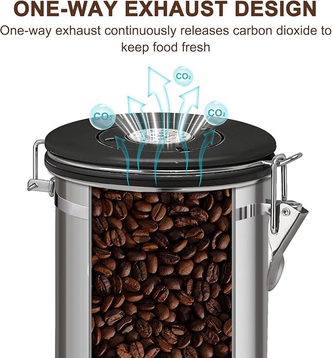 1.8L Airtight Vacuum Coffee Canister, Stainless Steel Storage Container for Coffee Beans and Grounds with Scoop.Suitable for coffee powder, coffee beans, rice, tea leaves, sugar, flour, and grains
