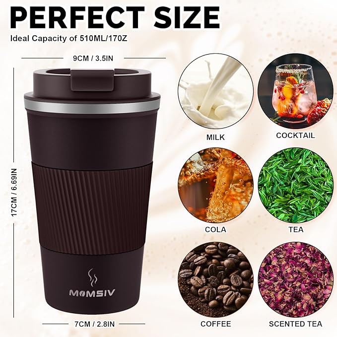 MOMSIV 17oz Travel Mug, Insulated Coffee Cup with Leakproof Lid, Vacuum Stainless Steel Double Walled Reusable Tumbler for Hot and Cold Water Coffee and Tea In Travel and Car