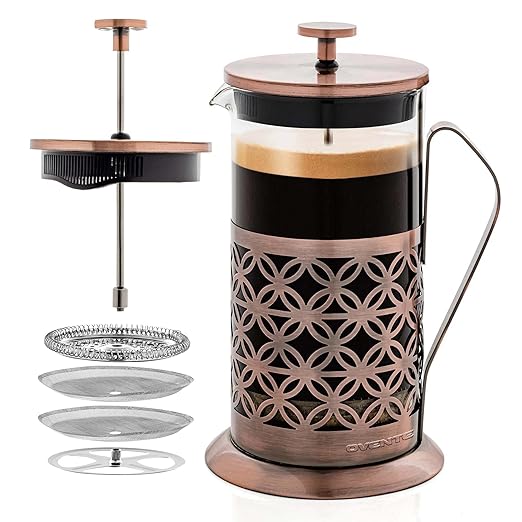 OVENTE French Press Coffee Maker 34 Ounce with Heat Resistant Borosilicate Glass, Stainless Steel Design and 4-Level Filter System, Portable Cold Brewer Pot for Travel, Camping or Gift, Copper FSF34C