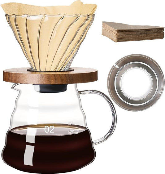 Pour Over Coffee Maker Set 20 OZ, Borosilicate Glass Coffee Server with 50 pcs Paper Filter, Pour Over Coffee Dripper Carafe for Home Cafe Restaurant Camping