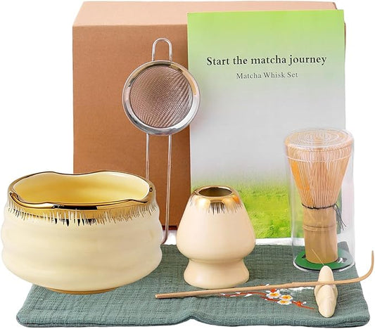 XiaoQuilismic-Matcha Whisk Set: Bamboo blender, matcha bowl, cute stand, ritual tool, Sieve - Family travel with golden texture details, 7-piece set, suitable bowl (yellow)