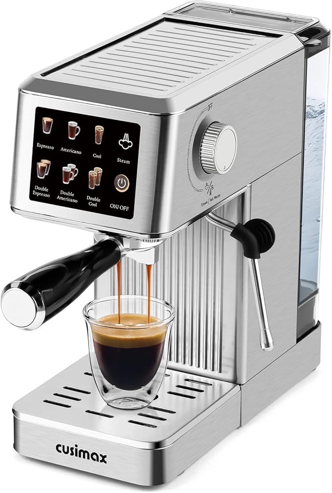CUSIMAX Espresso Machine 20Bar Compact Coffee Machine with Powerful Steam Wand for Latte & Cappuccino, Stainless Steel Espresso Coffee Maker with 34oz Remevable Water Tank