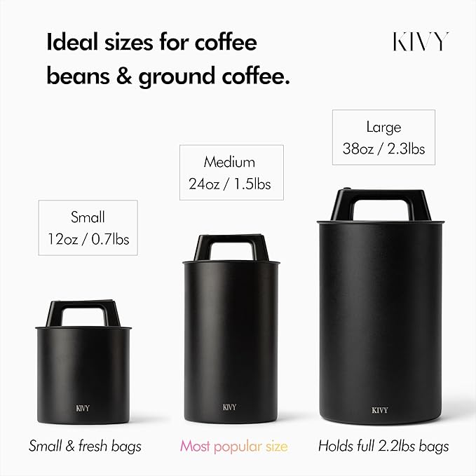 KIVY Vacuum Coffee Canister - Push Lid Preserves Aroma & Oil - Stainless Steel Airtight Container for Ground & Bean Storage - Removes Excess Air