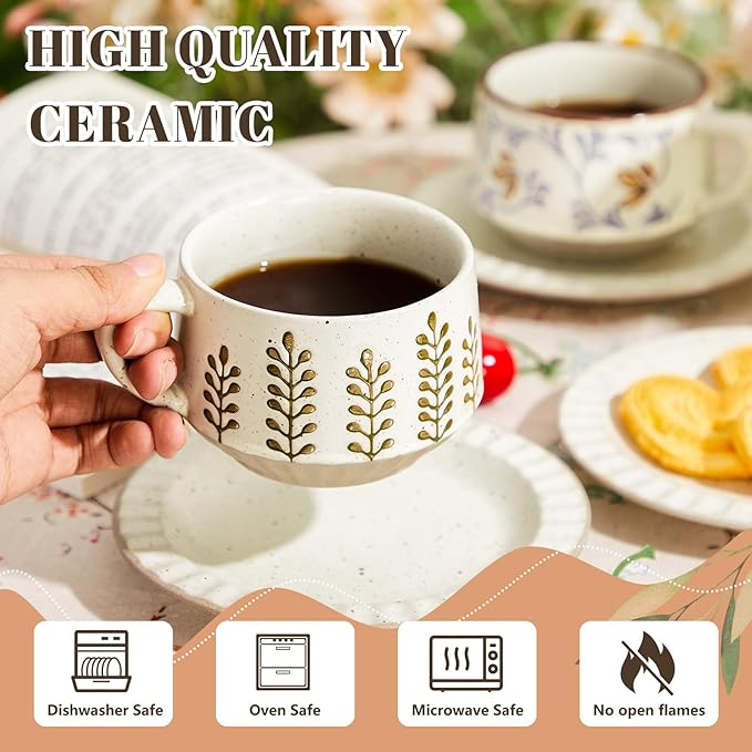 LemonRoad 1 Set Vintage Tea Cup and Saucer Set Floral Tea Cup with Saucer 10oz Porcelain Vintage Coffee Mugs for Spring Party Birthday Gift Coffee (Tang Grass Design)