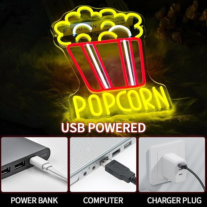 Popcorn Neon Sign for Wall Decor Dimmable Food Led Lights Signs Snacks Led Signs for Cinema Decor Neon Light for Home Cinema Snack Shop Kitchen Video Room Cafe Home Bar Party Man Cave Decor