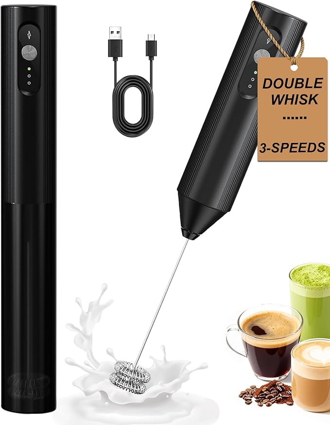 3-Speed Handheld Milk Frother with Cover, Rechargeable Electric Drink Mixer with Dual Coil Whisk - Portable Frother Wand for Coffee, Latte, Cappuccino, Hot Chocolate & Matcha, Black