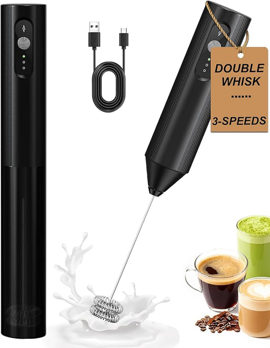 3-Speed Handheld Milk Frother with Cover, Rechargeable Electric Drink Mixer with Dual Coil Whisk - Portable Frother Wand for Coffee, Latte, Cappuccino, Hot Chocolate & Matcha, Black