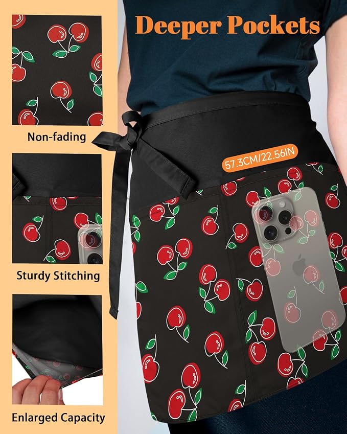 Slohif Reversible Server Apron 6 Pockets - Waist Apron for Waitress Women Half Serving Short Apron for Waiter - Image 5