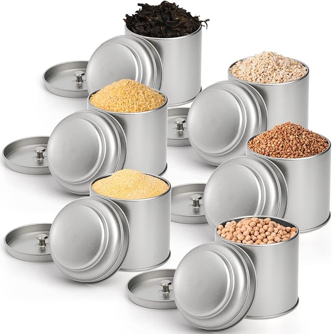 Lawei 9 Pack Tea Tins Canister with Airtight Double Lids, 8 OZ Round Tin Can Box, Small Kitchen Canisters Containers for Storage Tea, Coffee, Sugar, Loose Leaf, Candy, Herbs and Spices, Silver